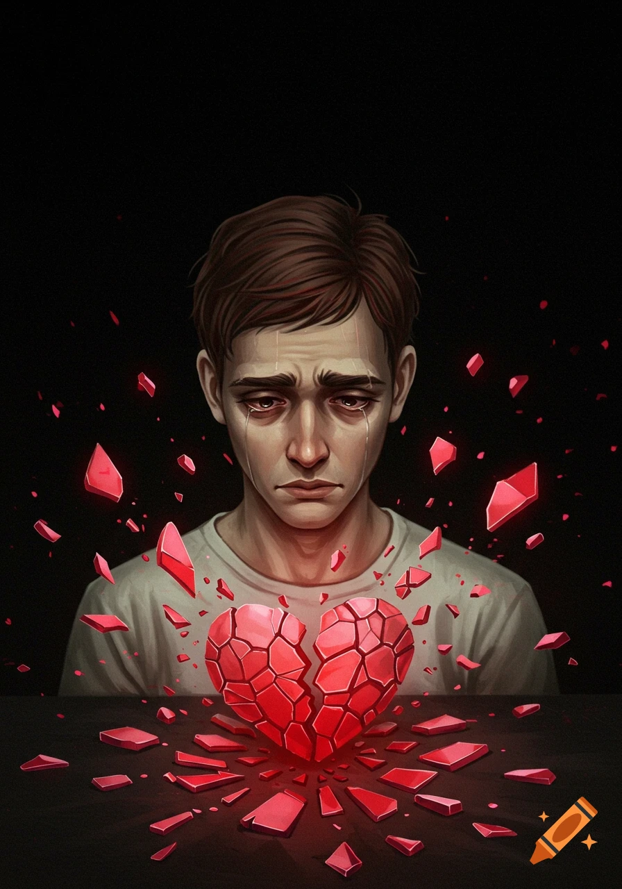 Illustrated sad man crying, looking at a shattered red heart with glowing pieces on a dark surface.