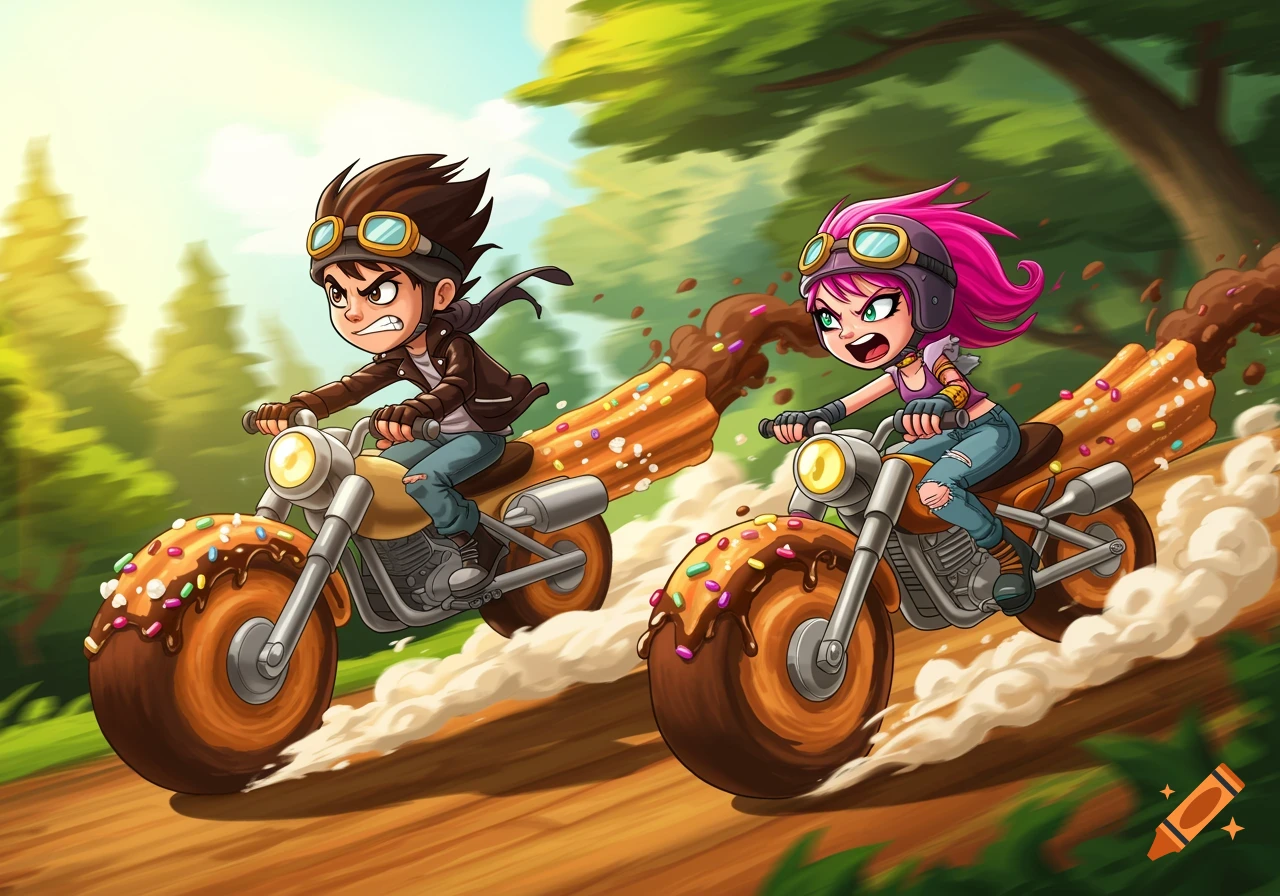 A cartoon boy and girl riding churro motorcycles through a sunny forest, leaving a trail of chocolate and sprinkles.