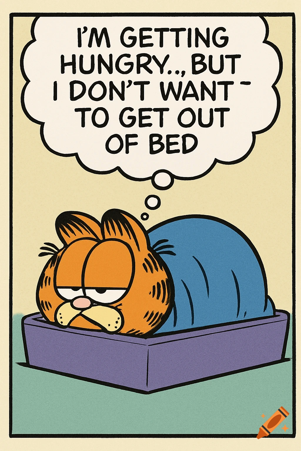 A Garfield comic panel shows a sleepy Garfield in his rectangular box bed, covered by a blue blanket. A thought bubble above his head reads, "I'M GETTING HUNGRY..., BUT I DON'T WANT - TO GET OUT OF BED."