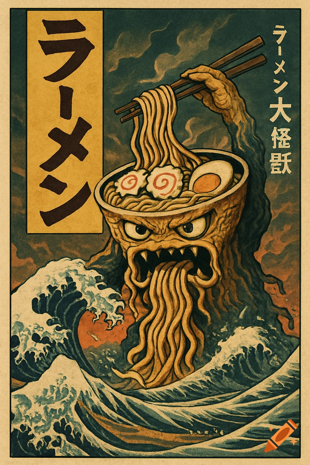 A vintage Japanese poster of a ramen monster emerging from stormy waves, lifting noodles with chopsticks, with Japanese text banners.