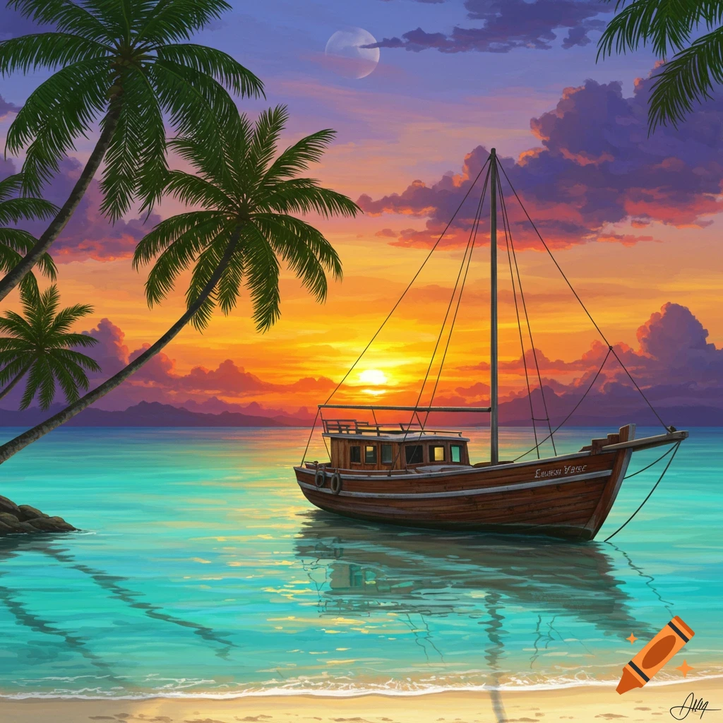 A serene tropical beach at sunset with a boat on turquoise water and palm trees, digital art.