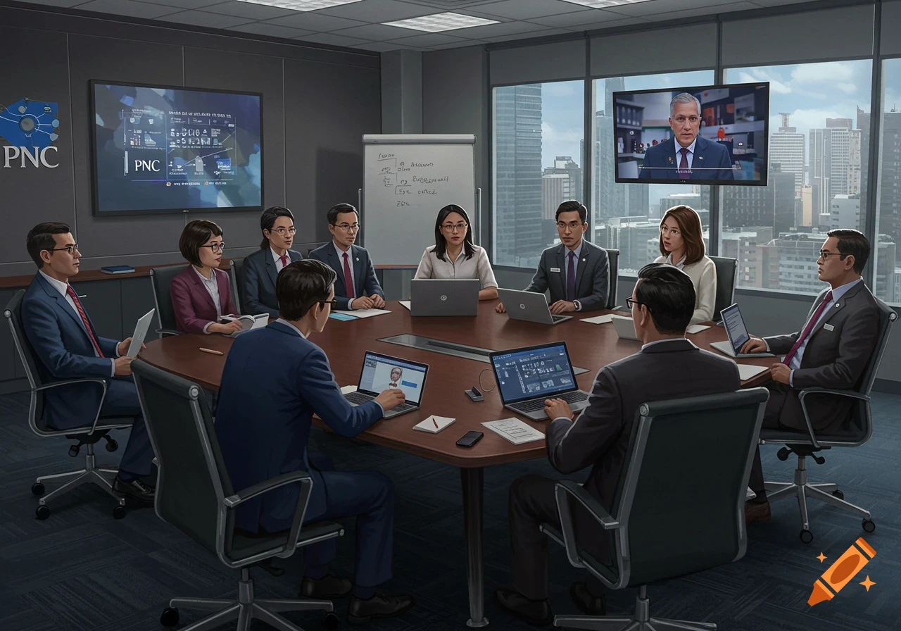 An illustration of ten people in business attire seated around a large conference table, looking towards screens displaying data and a video call in a modern office with city views.