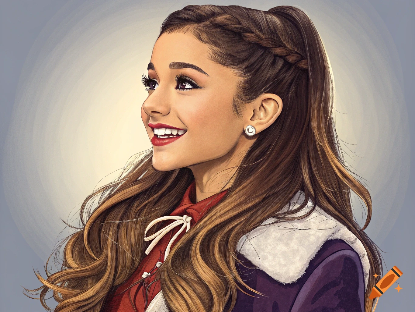 Stylized illustration of Ariana Grande smiling, with long brown hair in a braid, wearing a purple coat.