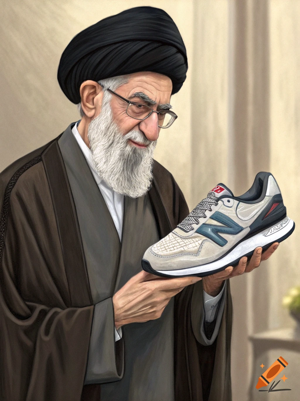 A painterly portrait of a bearded man in a turban, resembling Khamenei, holding a New Balance sneaker.