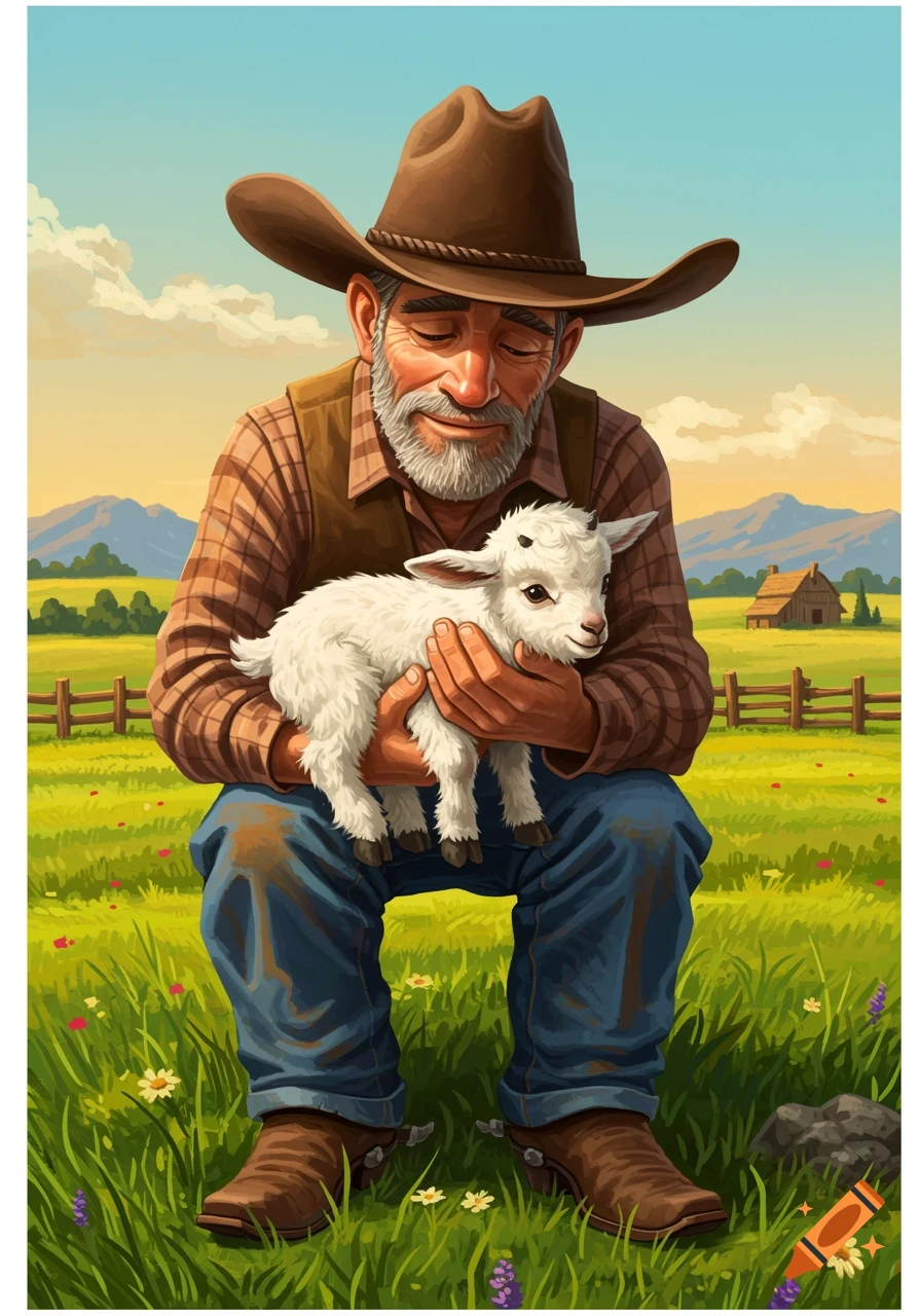 A cowboy in a brown hat kneels in a grassy field, gently holding a small white baby goat. A farmhouse and mountains are in the background. Illustrated.
