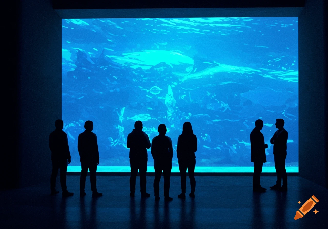 Silhouettes of people stand in a dark room in front of a large, glowing blue aquarium display.