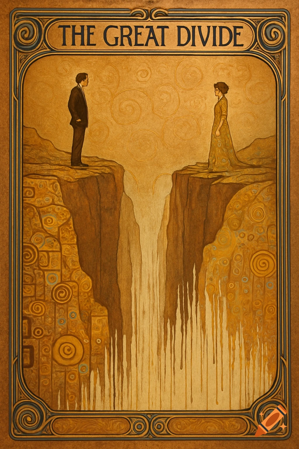 Art Nouveau painting 'The Great Divide' with a man and woman on opposite sides of a canyon, paint runs on walls.