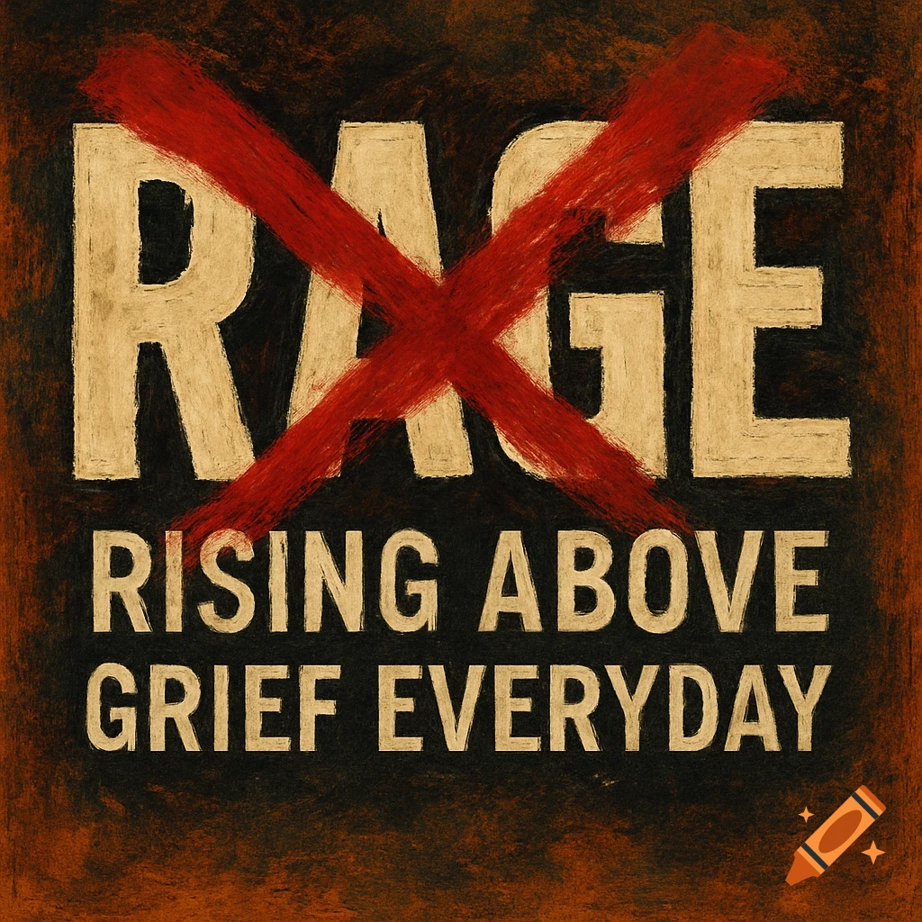 Textured image: 'RAGE' in cream letters with a red X, below 'RISING ABOVE GRIEF EVERYDAY' in cream on a dark textured background.