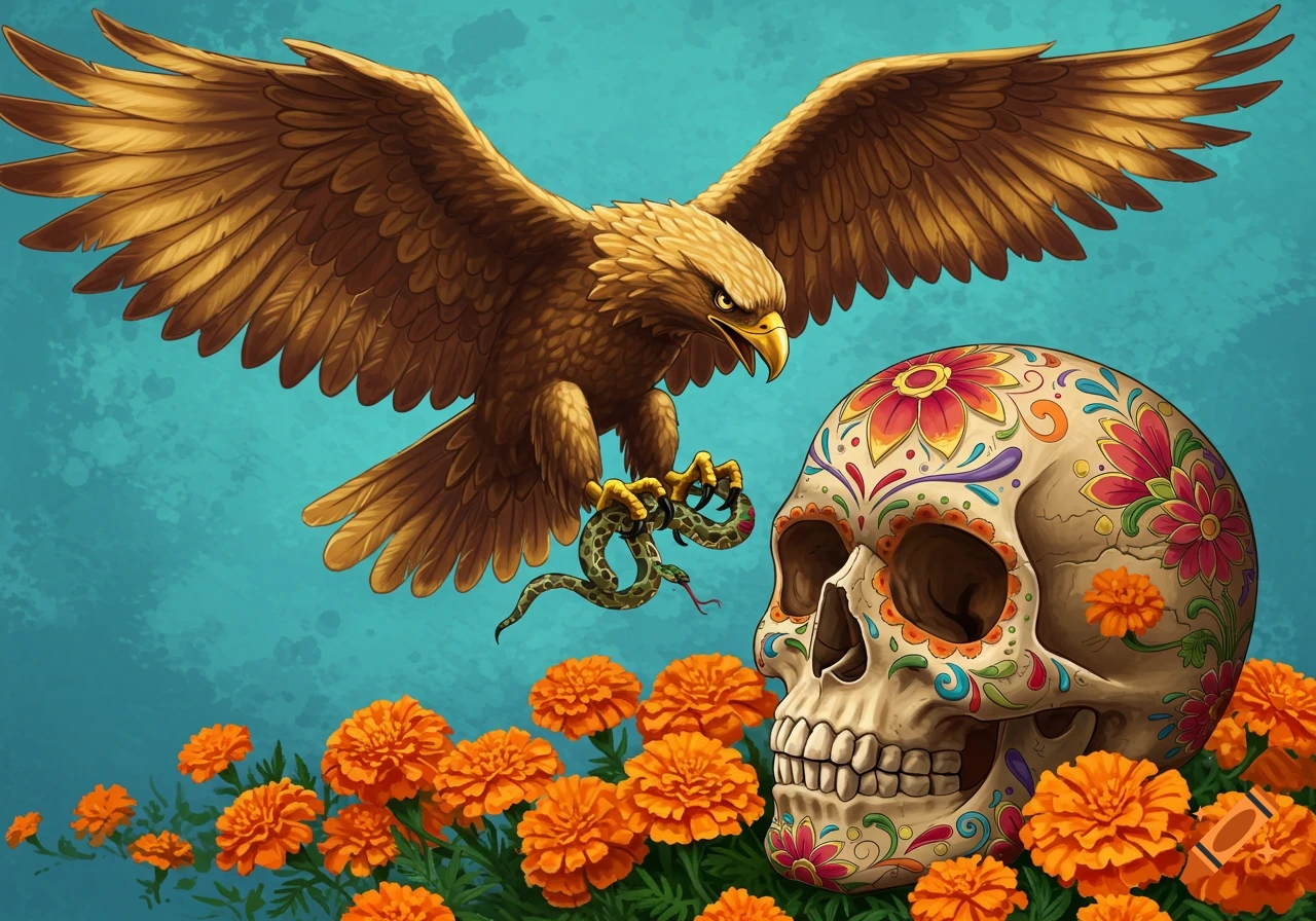 An eagle clutches a snake above a vibrant sugar skull surrounded by orange marigolds against a blue background, in an illustrated style.