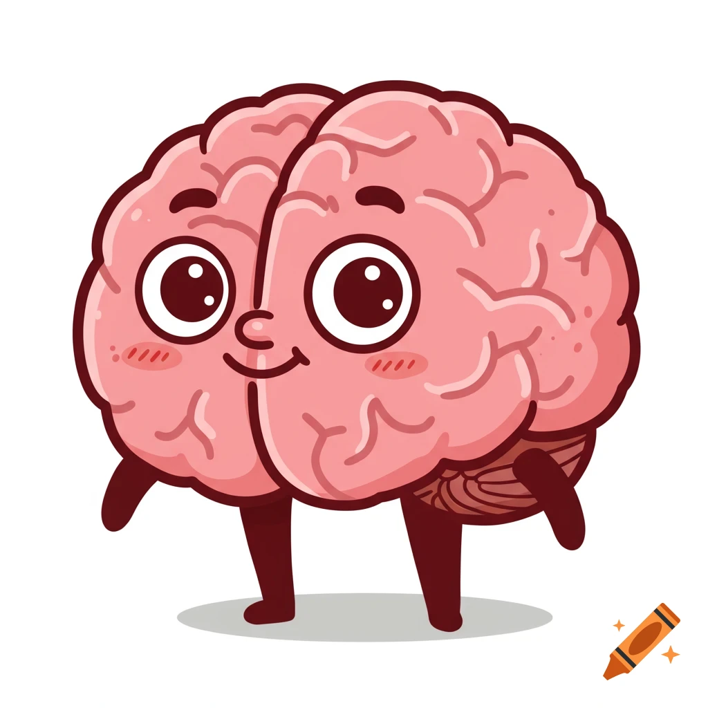 A cute pink cartoon brain character with a smiling face and big eyes, standing on two legs.