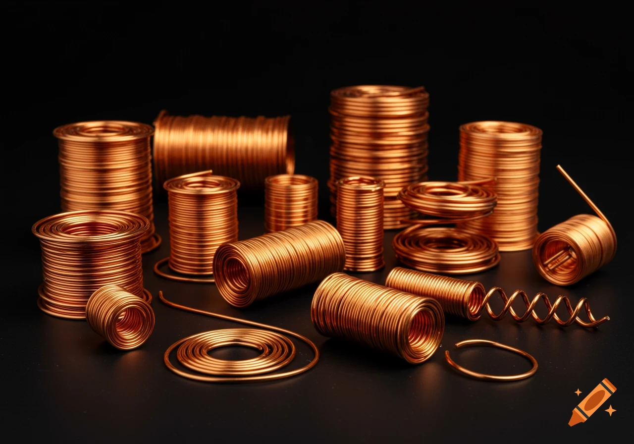 Assortment of shiny copper wire coils and spools against a dark background, photorealistic style.