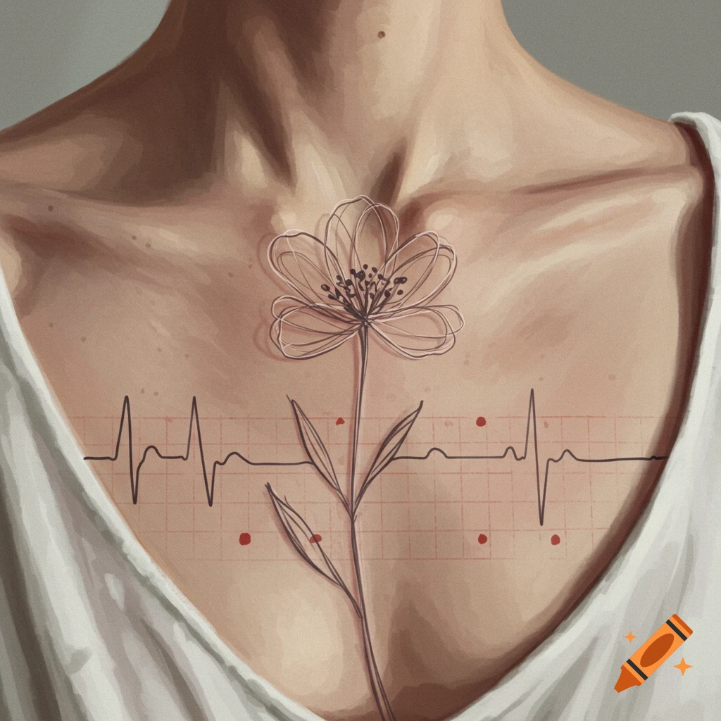 A stylized illustration of a person's upper chest with a wireframe flower sprouting from ECG lines on a grid.
