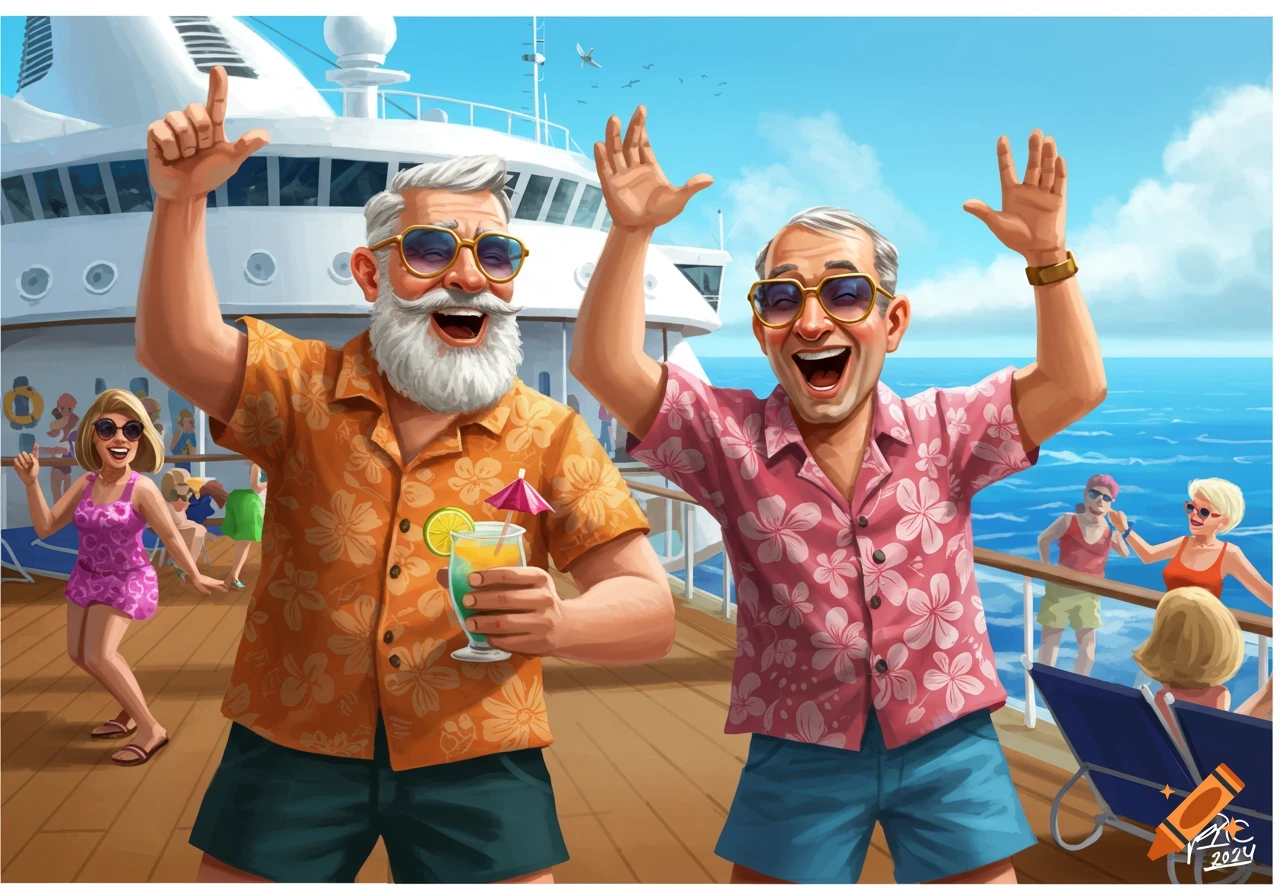 Two cheerful older men in Hawaiian shirts on a cruise ship deck, celebrating with a drink, in an illustrative style.