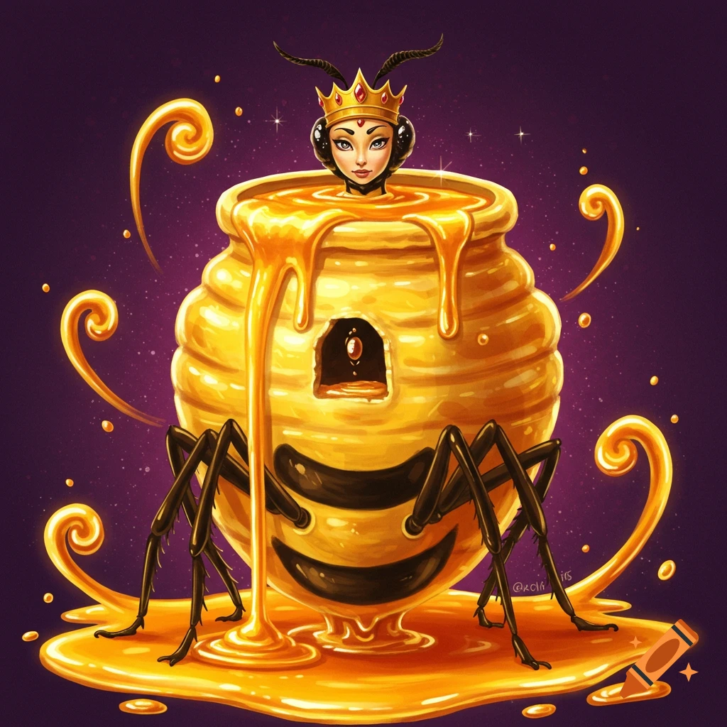 A stylized queen bee with a crown and antennae emerging from a honeypot with bee stripes and insect legs, surrounded by dripping honey.