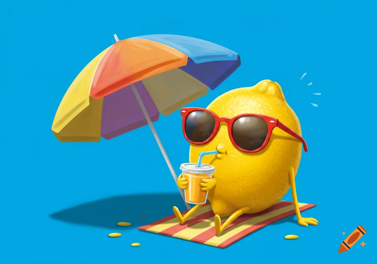 A cartoon lemon character with red sunglasses relaxes on a striped towel under a colorful beach umbrella, drinking from a cup on a blue background.