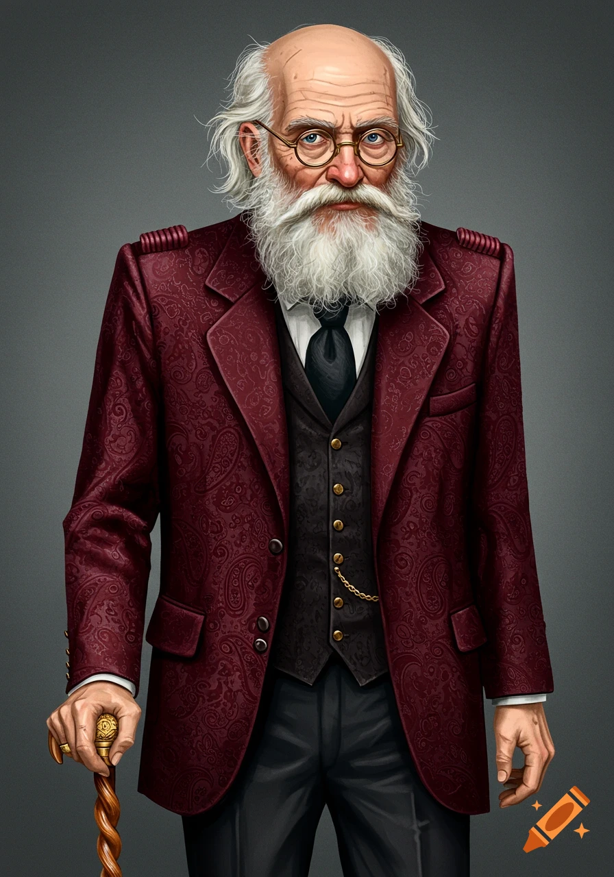 A detailed portrait of an elderly man with a long white beard, round glasses, and a maroon paisley suit, holding an elaborately carved cane.