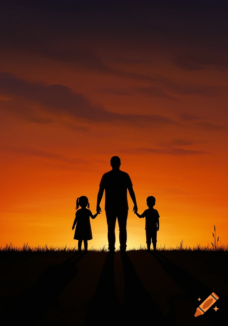 Silhouette of a father holding hands with two children against an orange sunset.