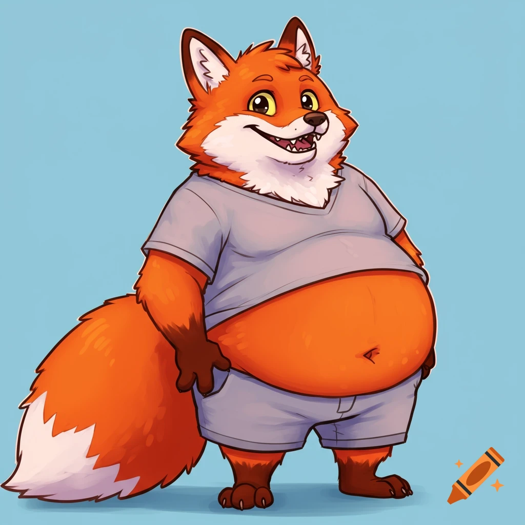 Cartoon illustration of a smiling, plump anthropomorphic red fox wearing a grey t-shirt and shorts.