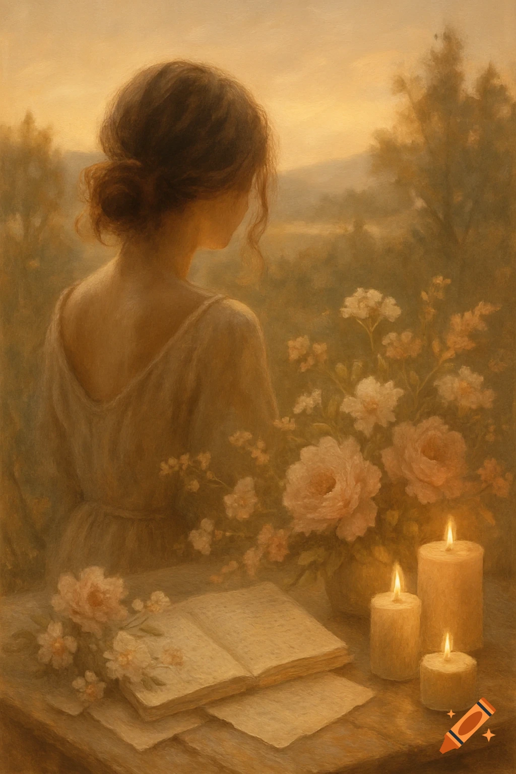 A soft, painterly image of a woman with her back turned, looking out at a golden hour landscape, with flowers, an open book, and lit candles on a table in the foreground.