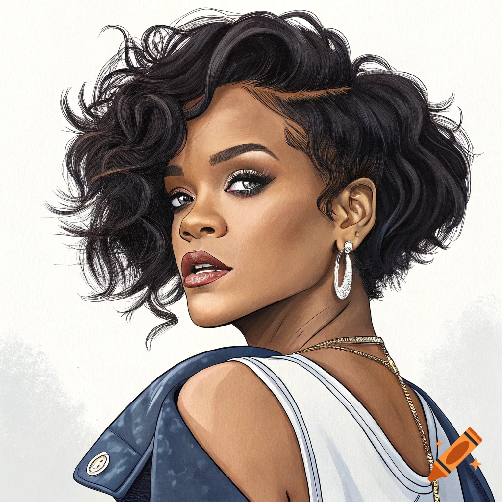 A stylized portrait of a woman resembling Rihanna with short, dark curly hair, wearing a white top and a blue jacket draped over her shoulder, looking over her shoulder.