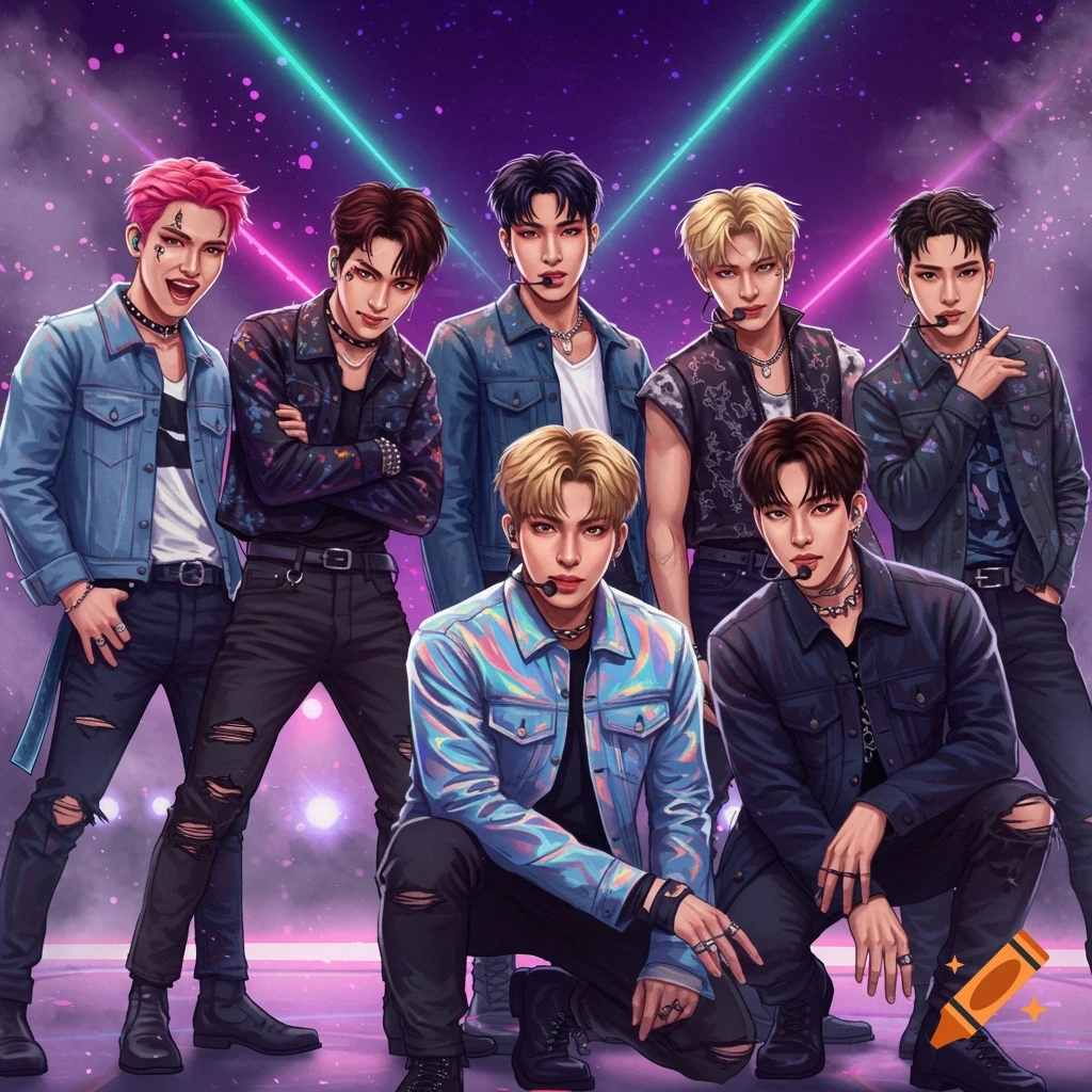 Illustration of a K-pop boy group on a stage with neon lights and a purple background.