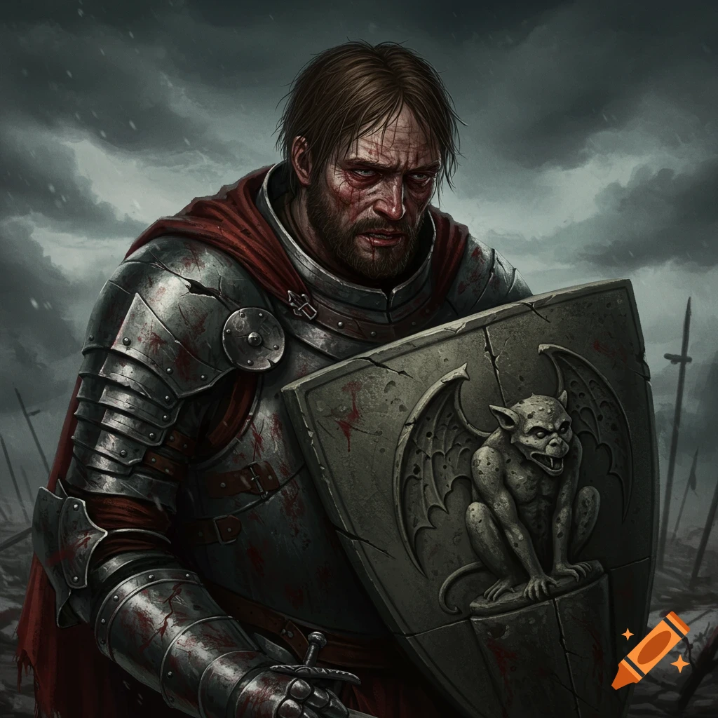 A battle-fatigued knight in blood-splattered armor and red cape holds a shield with a gargoyle emblem in a grim battlefield.