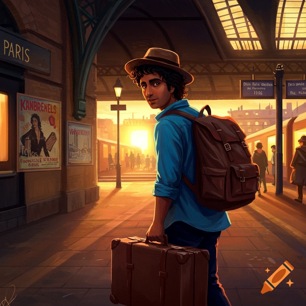 A man with a backpack and suitcase stands on a train station platform at sunset, looking over his shoulder.