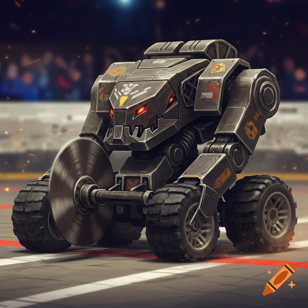 A heavily armored combat robot with red glowing eyes, a large spinning saw blade, and four wheels, standing in a brightly lit arena.