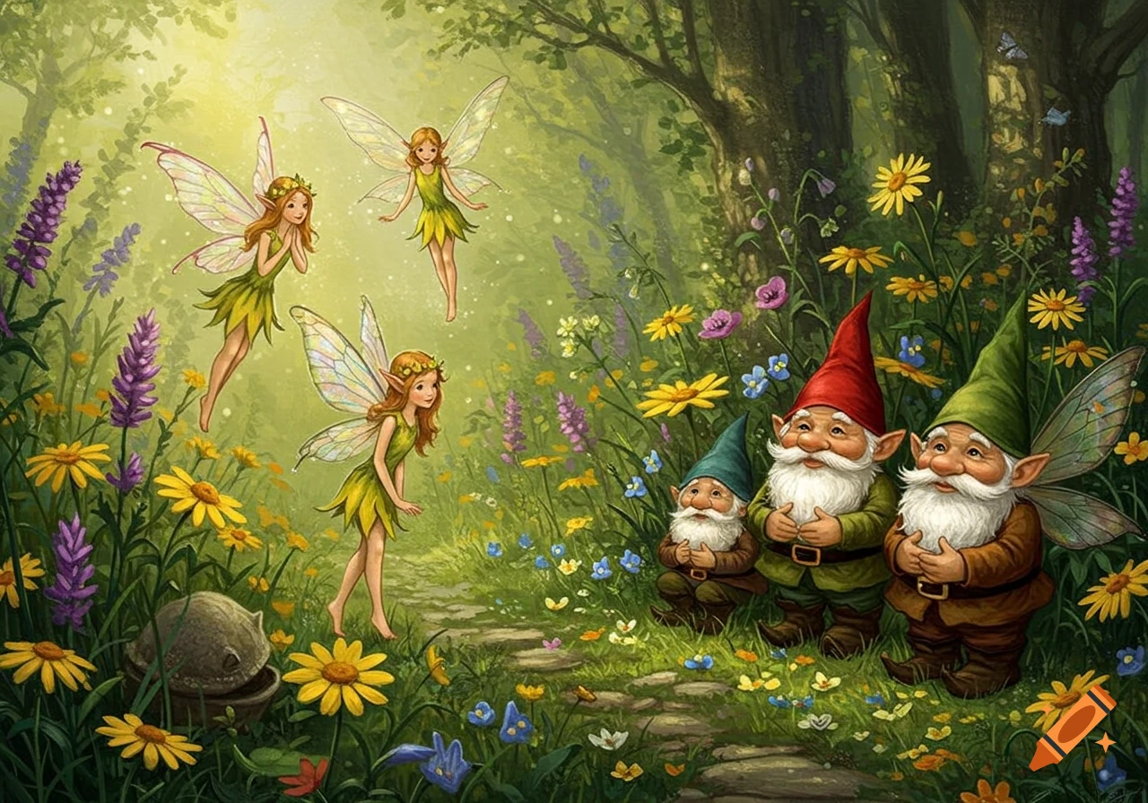 Whimsical illustration of fairies and gnomes in a sun-dappled, wildflower-filled forest.