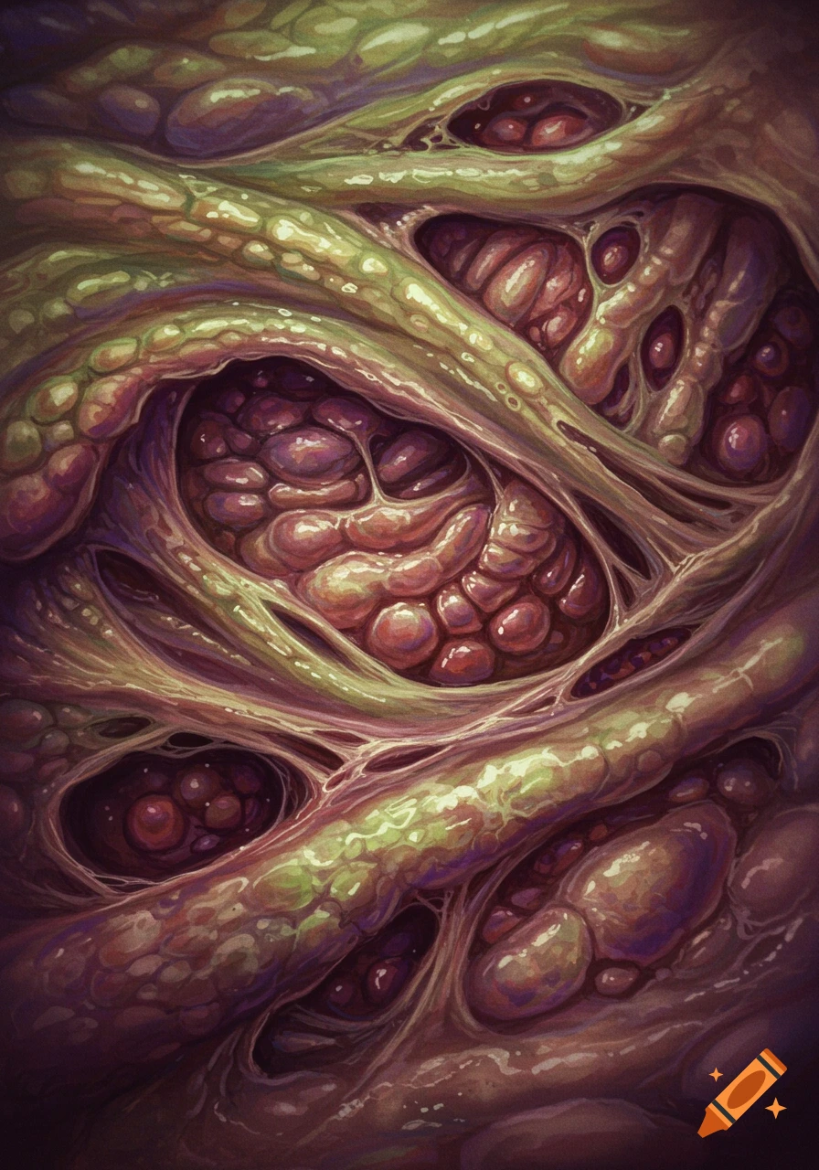 A detailed, abstract close-up of green and reddish organic matter resembling rotten flesh or diseased tissue.