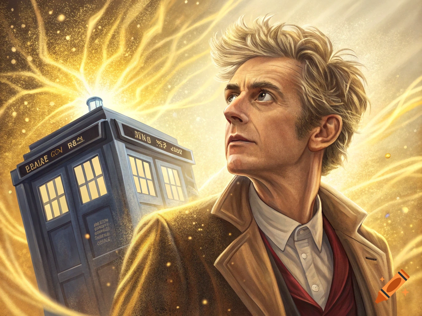 An illustration of Peter Capaldi as Doctor Who looking up, with a glowing TARDIS behind him surrounded by golden energy.