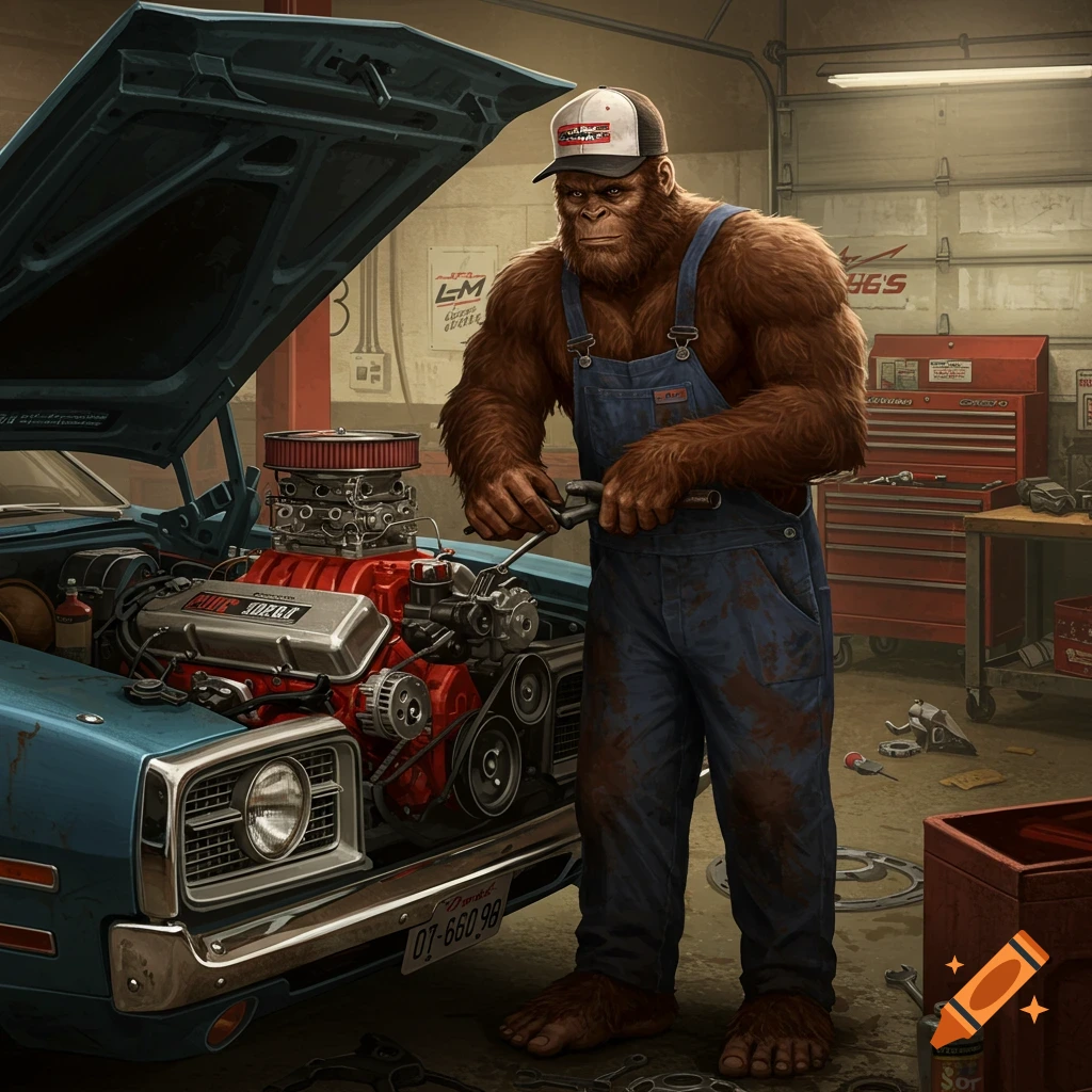 Photorealistic illustration of Bigfoot in overalls working on a blue car's engine in a garage.