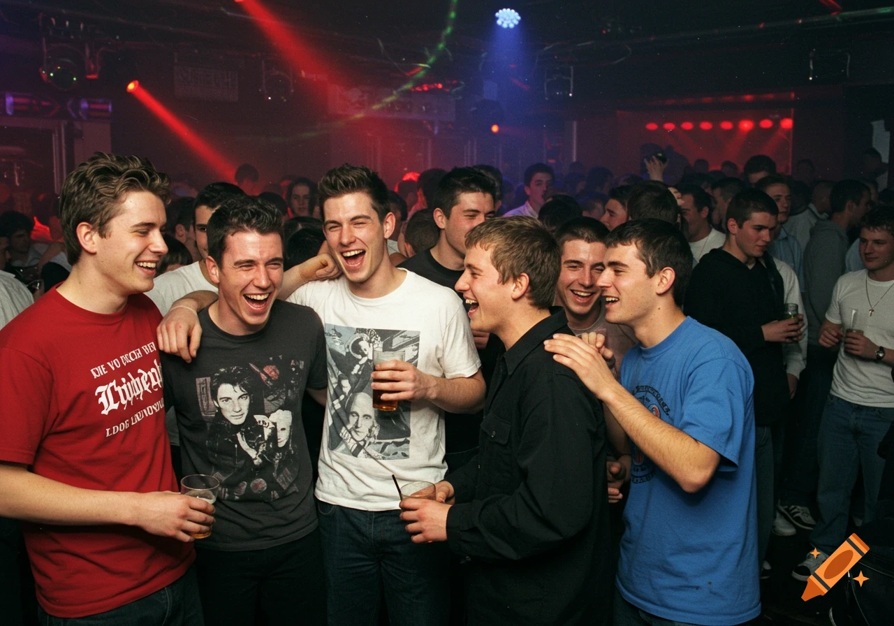 Young men laughing and talking at a lively nightclub with red and blue lights.
