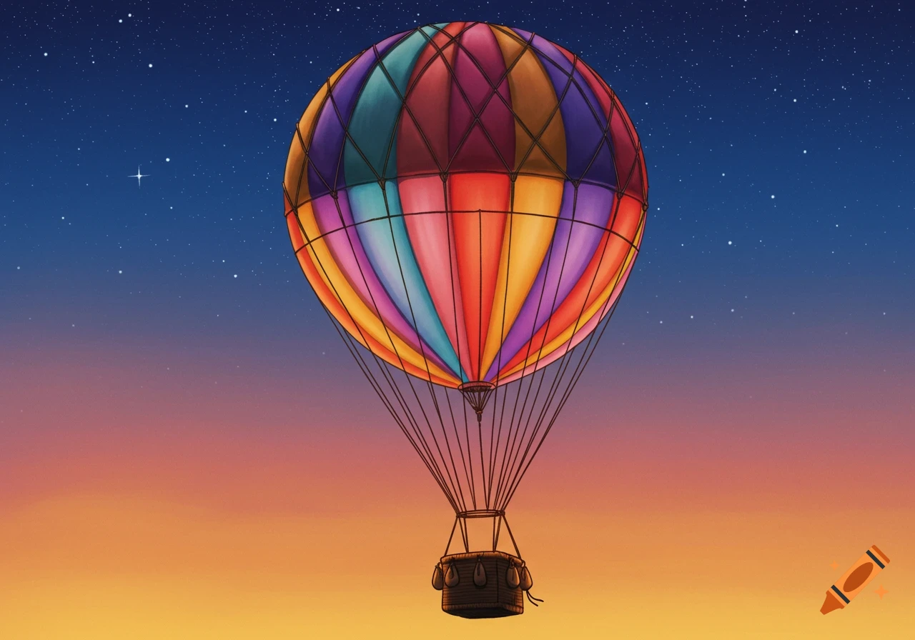 Colorful hot air balloon with a wicker basket floating against a starry twilight sky illustration.