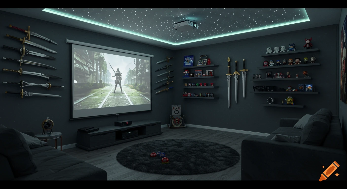 A detailed photorealistic game room with a large projection screen, mounted swords, shelves of collectibles, and a starry LED ceiling.
