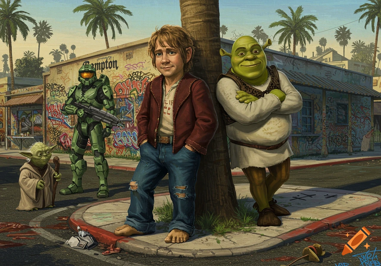 A street scene with Bilbo Baggins barefoot leaning on a palm tree, Master Chief holding a rifle, Yoda with a staff, and Shrek, with a building labeled "Compton" covered in graffiti in the background.