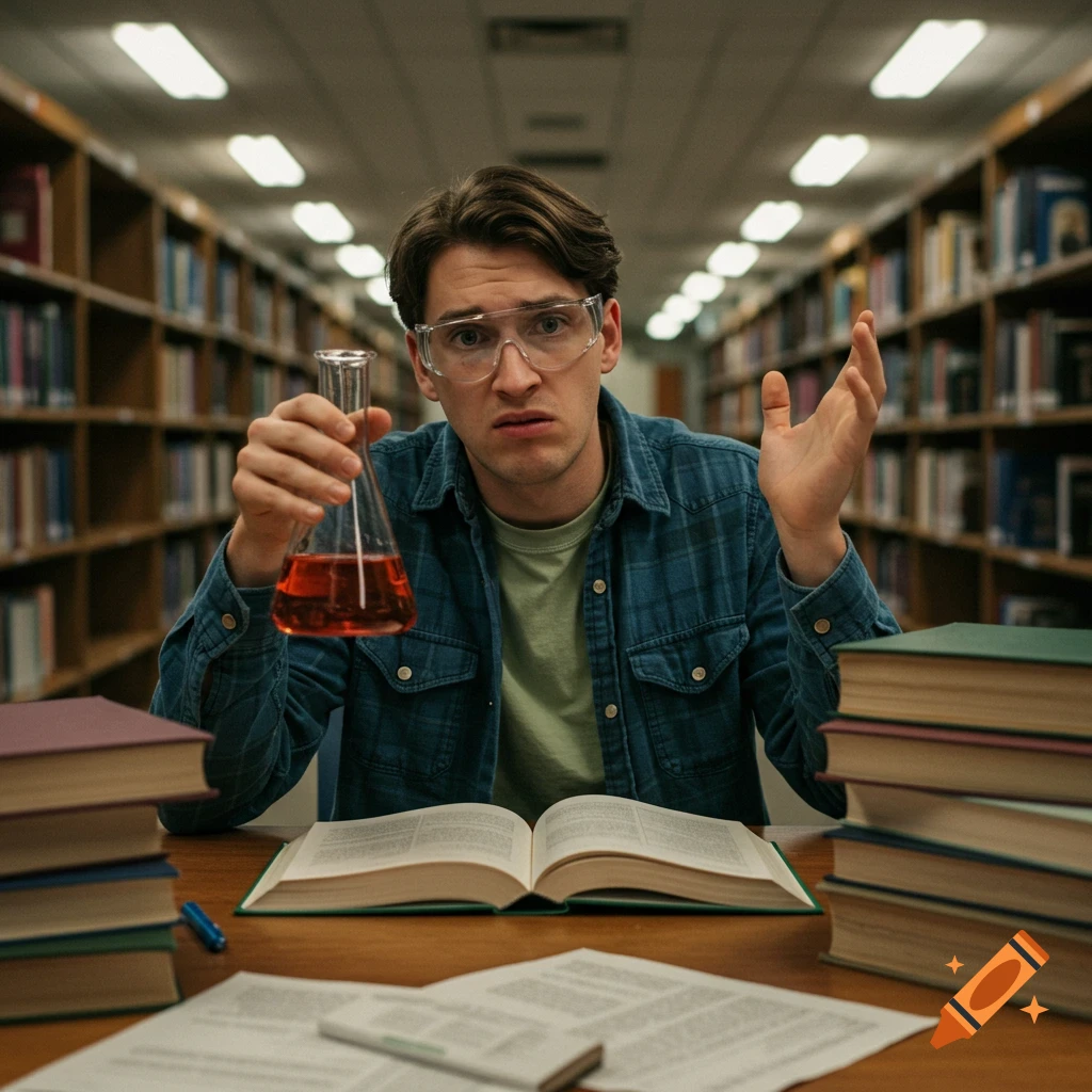 A confused young man in safety goggles holds a beaker in a library, surrounded by books and papers.