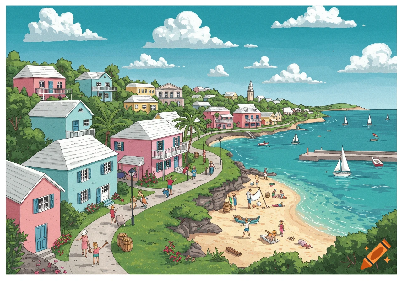 An illustrated view of a colorful coastal town with pastel houses along a winding path, a sandy beach, and boats on turquoise water, in the style of Miroslav Sasek.
