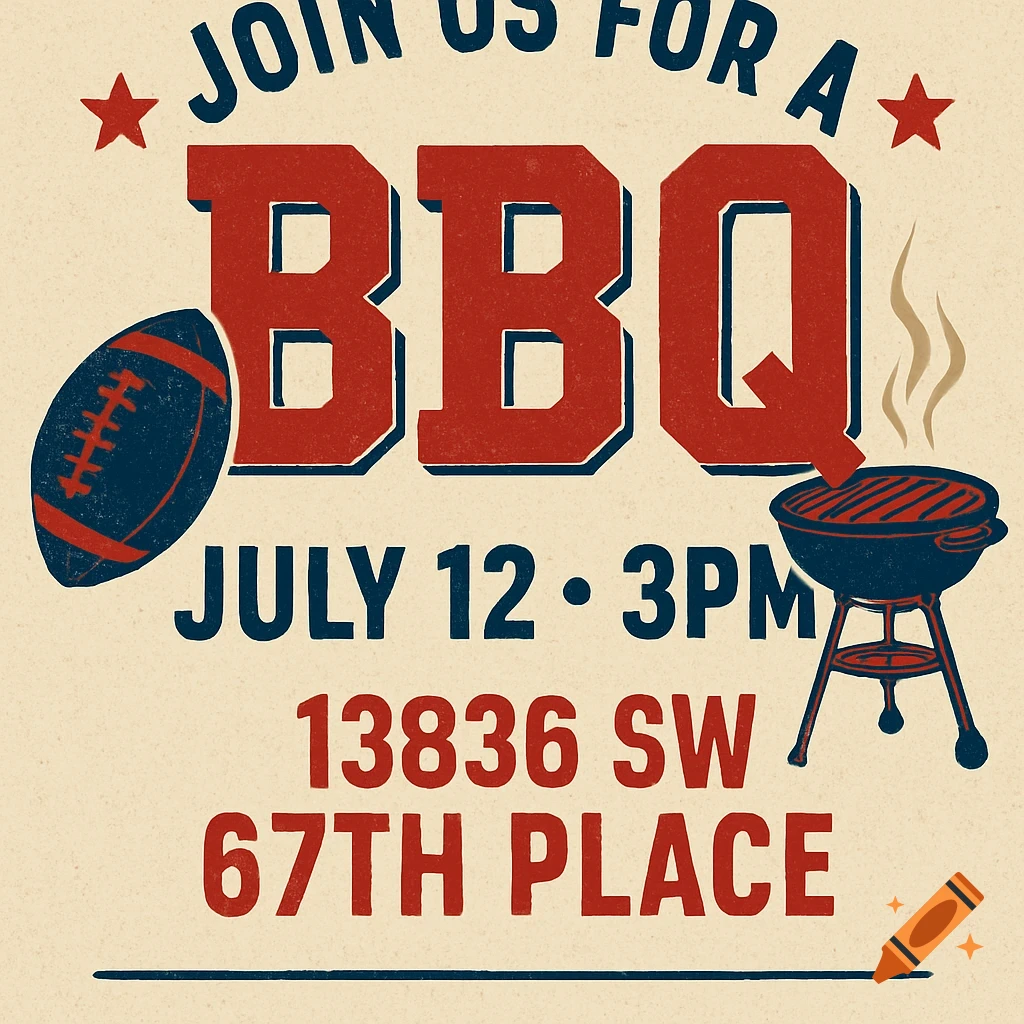 A vintage-style BBQ invitation featuring a football, grill, and text details for July 12, 3 PM at 13836 SW 67th Place.