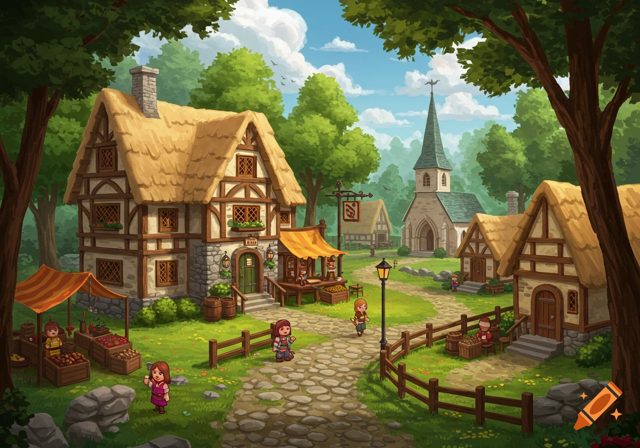A vibrant cartoon illustration of an English woodland village with thatched-roof houses, a church, and small figures.