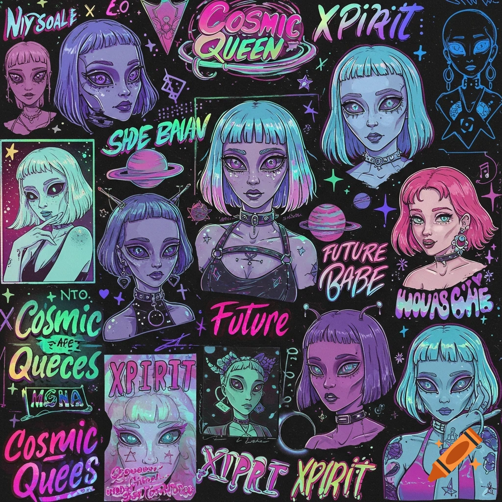 A vibrant sticker sheet featuring multiple stylized alien-like female characters with colorful hair and futuristic attire, surrounded by neon text and cosmic elements like planets and stars, on a dark background.