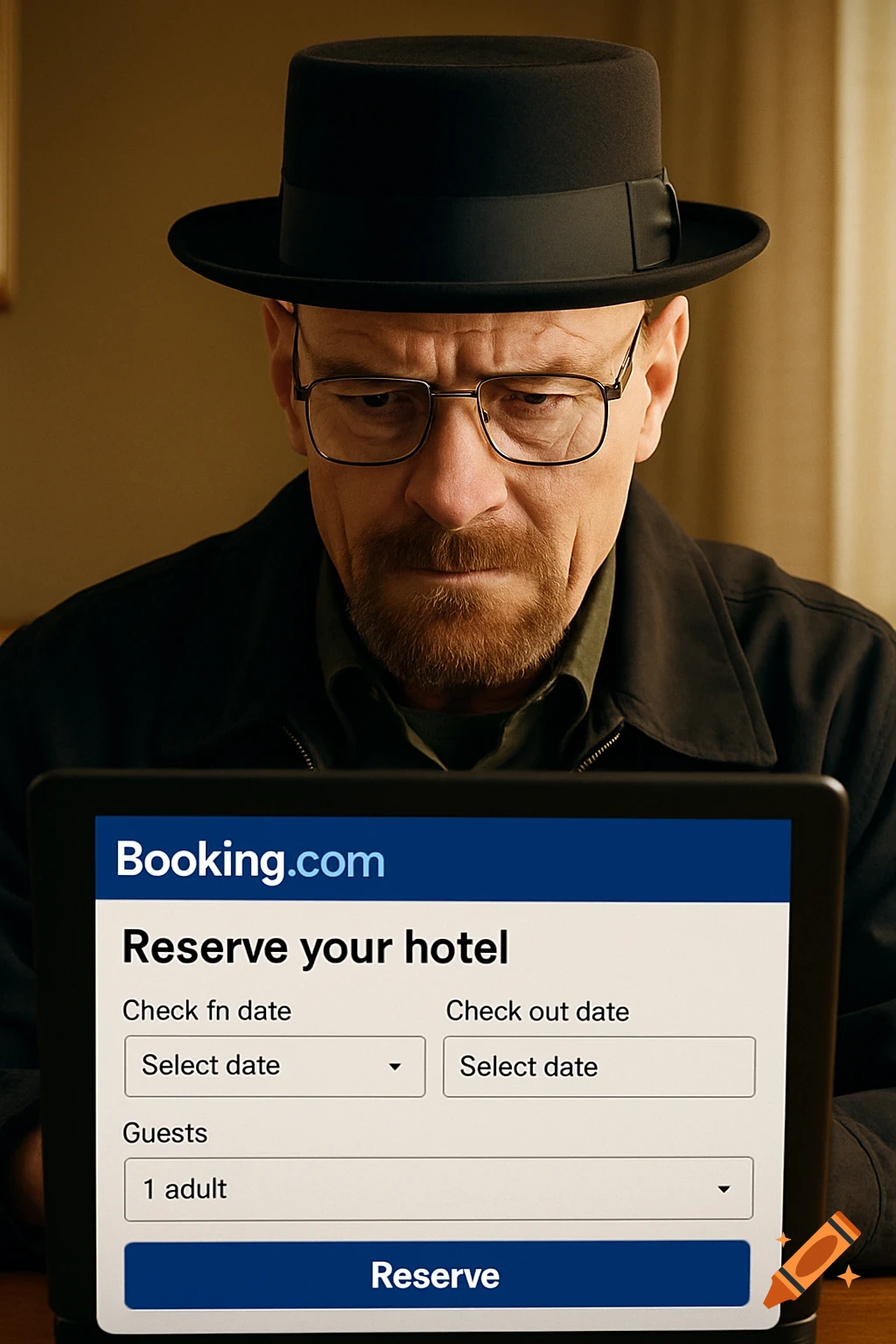 A man resembling Heisenberg, wearing a black hat and glasses, intently looks at a tablet displaying a Booking.com hotel reservation form.