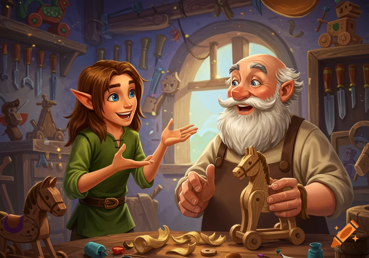 An animated young elf with brown hair talks to an old, white-bearded toymaker holding a wooden horse toy in a busy workshop.