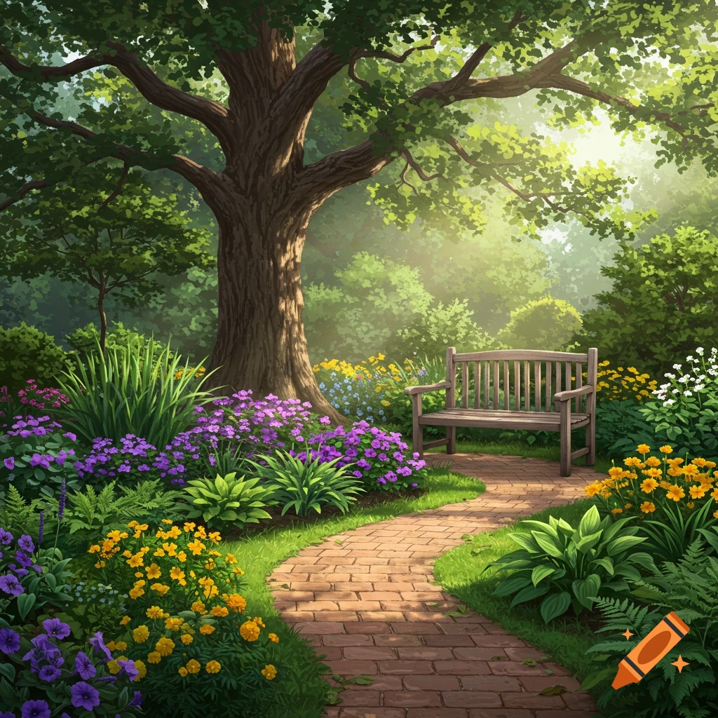 A sunny garden path made of bricks winding past a large tree, colorful flowers, and a wooden bench, in a vibrant illustrative style.