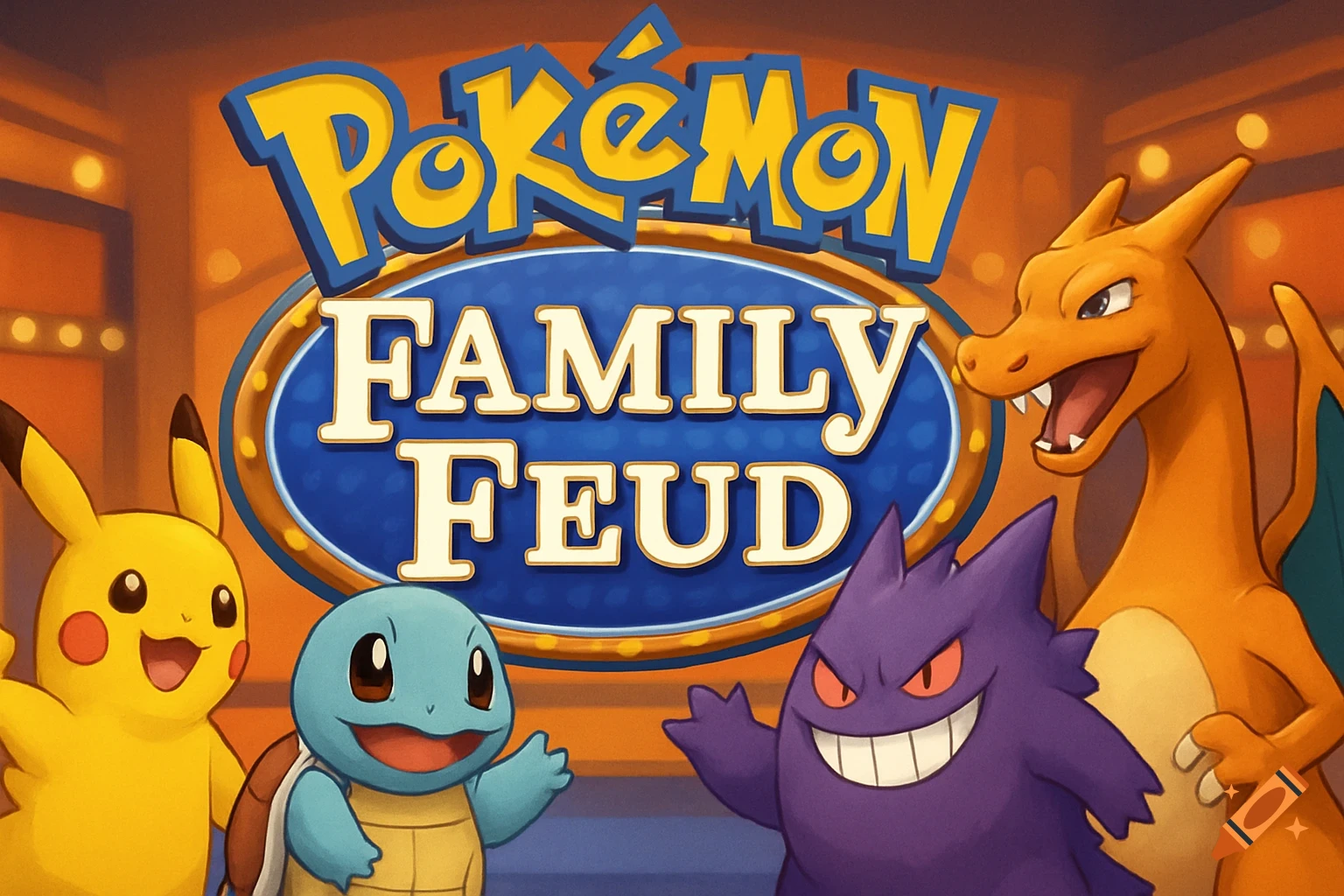 Pikachu, Squirtle, Gengar, and Charizard stand under a large 'Pokémon Family Feud' sign.