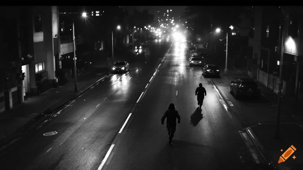 Two figures run down a dark, wet city street at night, illuminated by distant car headlights and streetlights in a black and white, CCTV-style view.