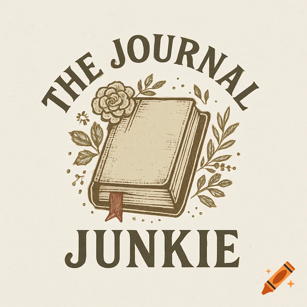 A vintage-style logo featuring a book with a rose and leaves, encircled by the text "THE JOURNAL JUNKIE" in a muted color palette.