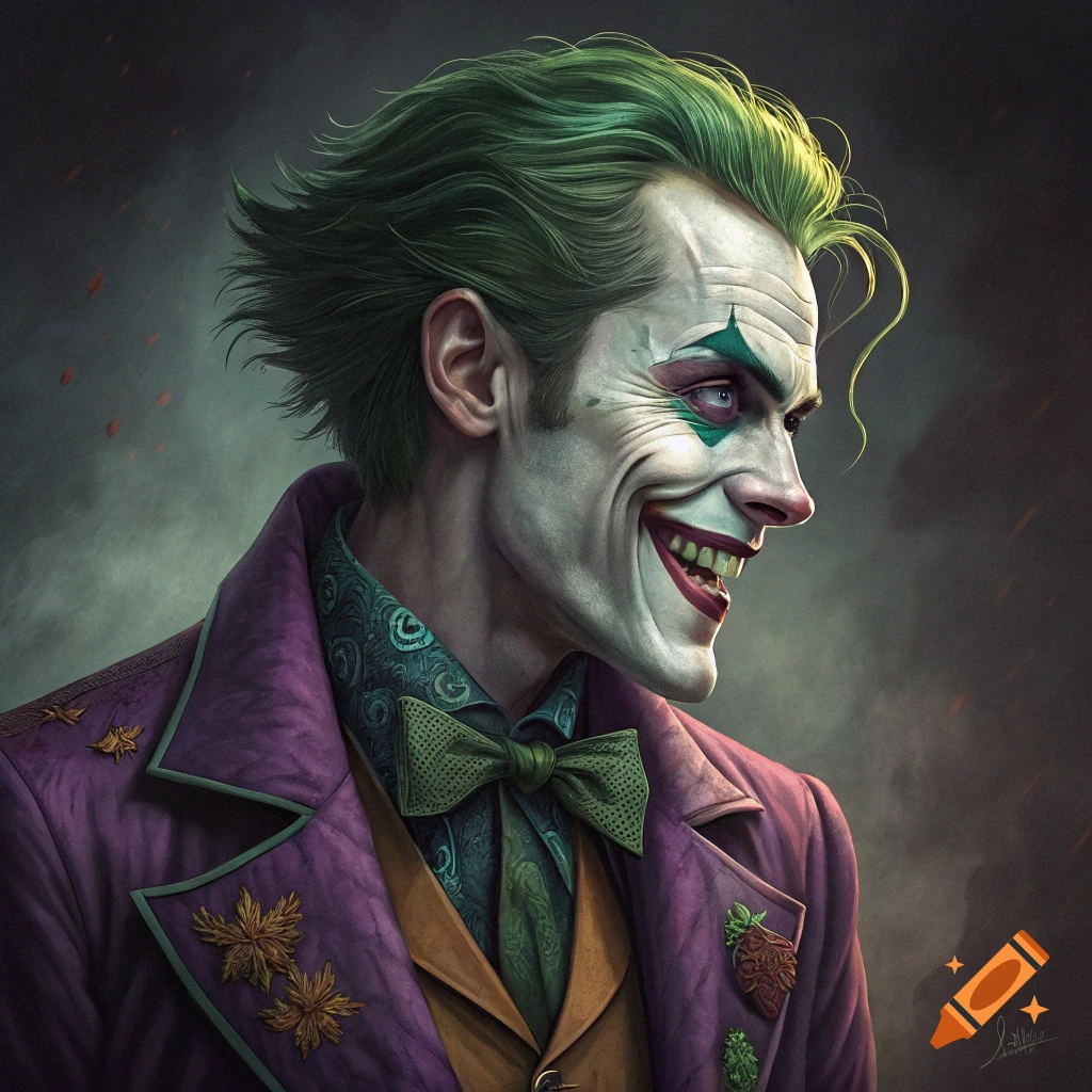 Close-up portrait of the Joker with green hair, white face, and wide grin, wearing a purple suit and green bow tie, in a detailed, artistic style.