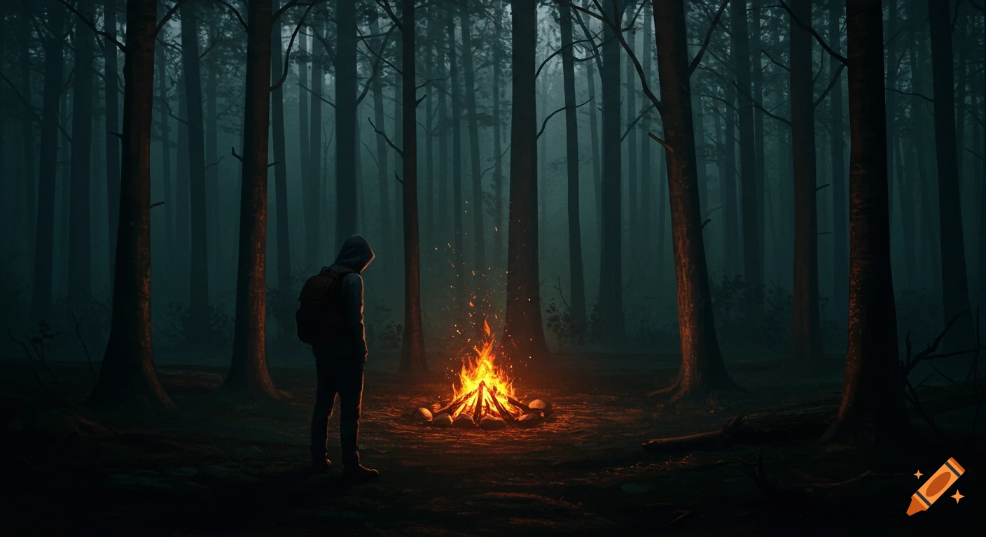 A person wearing a hoodie stands by a glowing campfire in a dark, misty forest, casting an atmospheric glow.