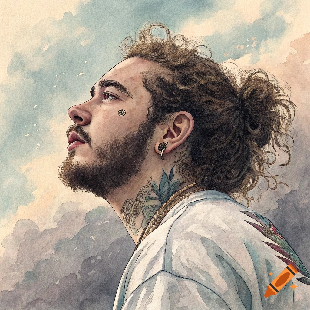 Watercolor portrait of Post Malone looking up at the sky, with his signature face and neck tattoos, and hair in a bun.